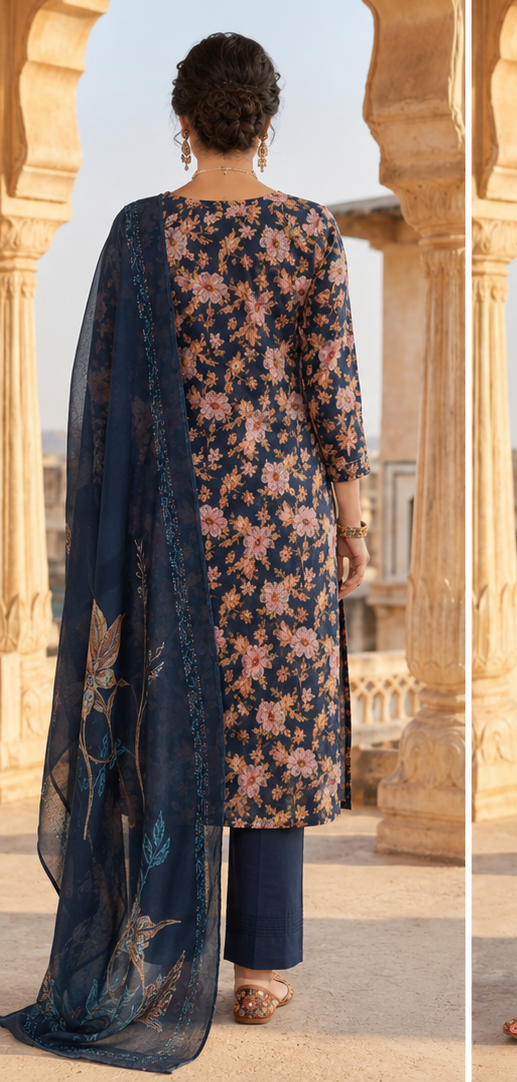 Navy Blue Floral Suit Set