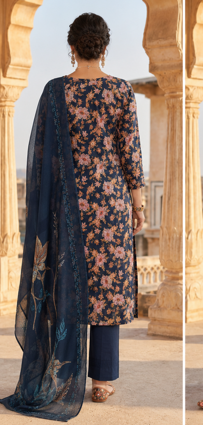 Navy Blue Floral Suit Set