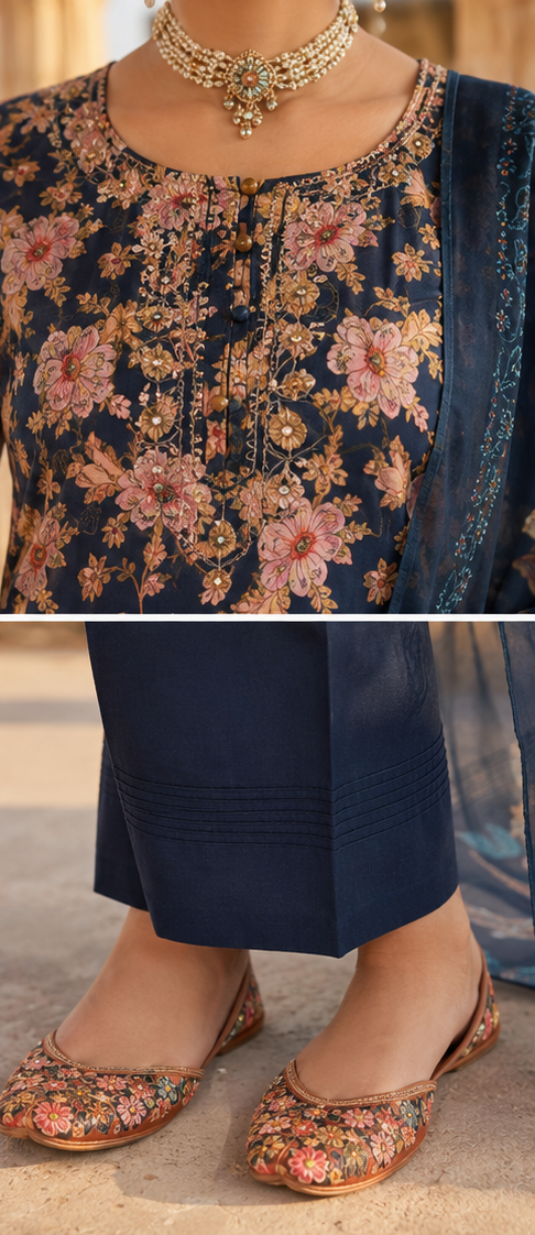 Navy Blue Floral Suit Set