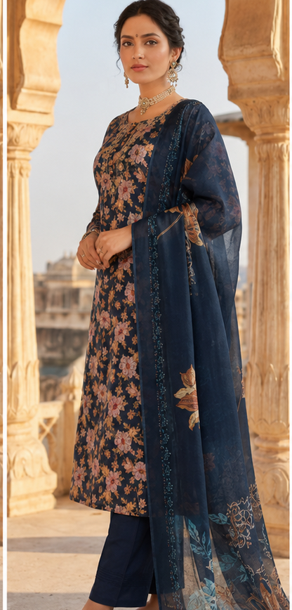 Navy Blue Floral Suit Set