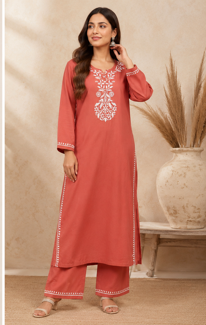 Handcrafted Rayon Chikankari Kurta Set - Rust