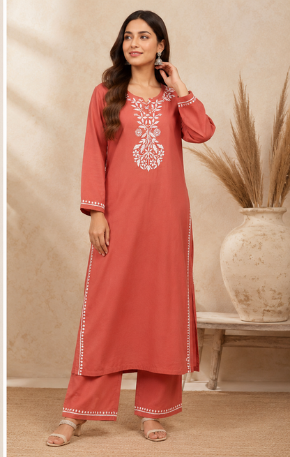 Handcrafted Rayon Chikankari Kurta Set - Rust
