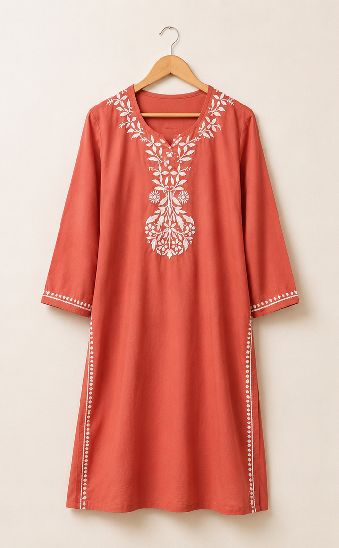 Handcrafted Rayon Chikankari Kurta Set - Rust