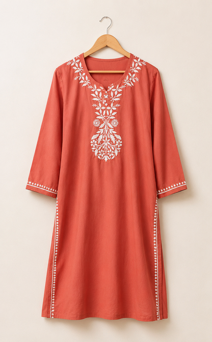 Handcrafted Rayon Chikankari Kurta Set - Rust