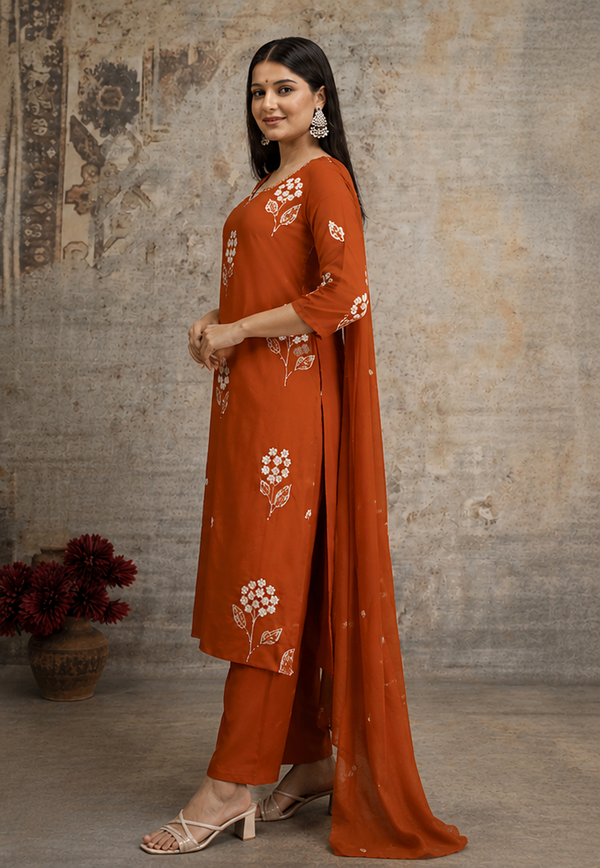 Rust Orange Embroidered Suit Set with Dupatta