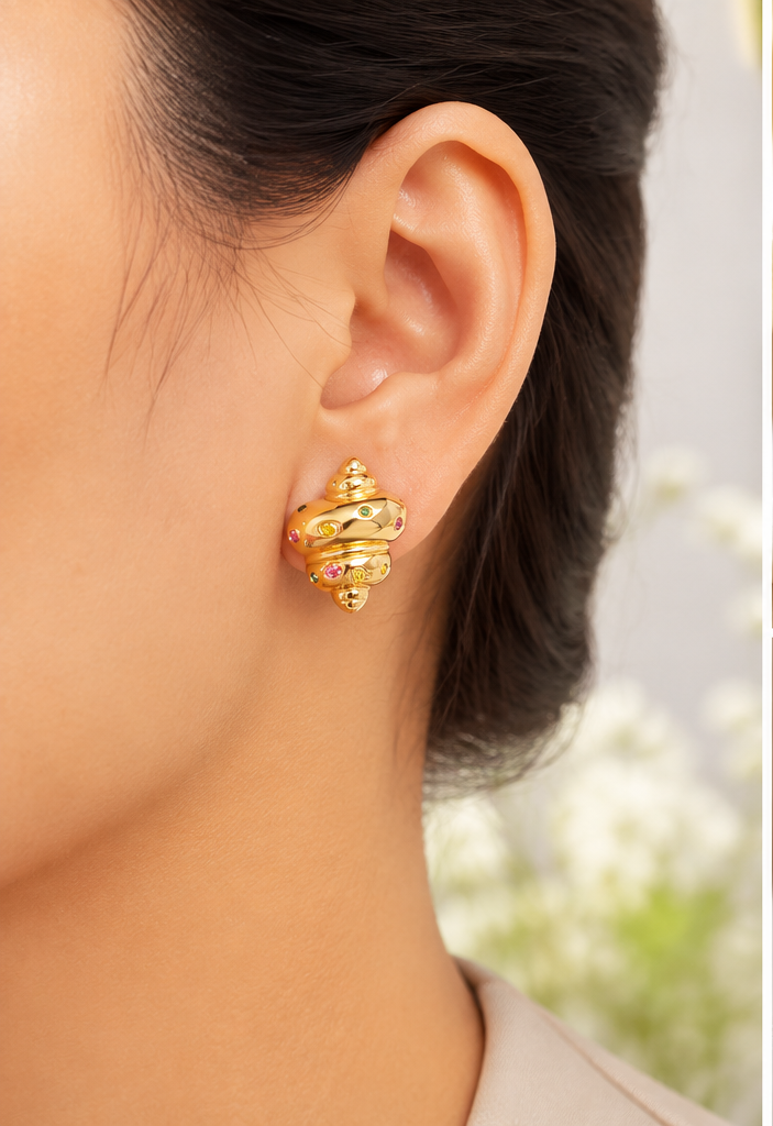 Gold-Tone Spiral Stud with Multicolor CZ Accent