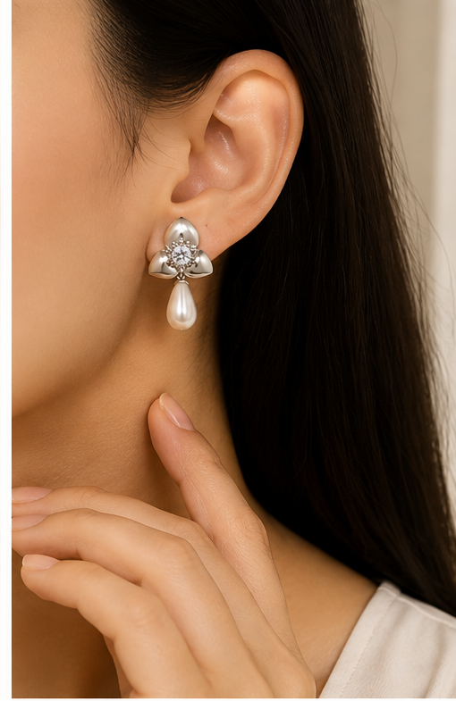 Silver-Tone Floral Pearl Drop