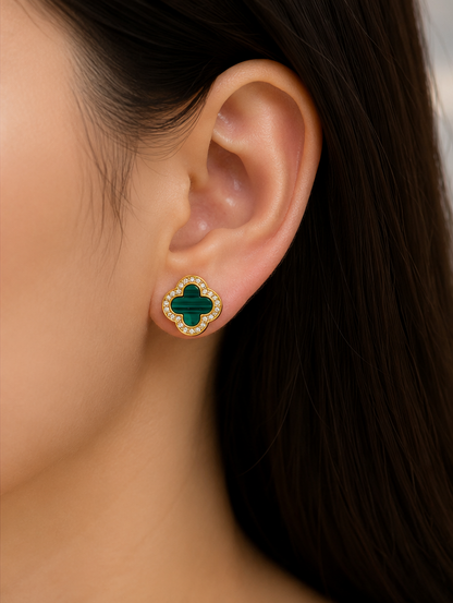Luxury Clover Green Enamel Stud with CZ Stone Halo