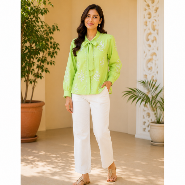 Premium Muslin Handcrafted Chikankari Embroidered Shirt – Lime Green