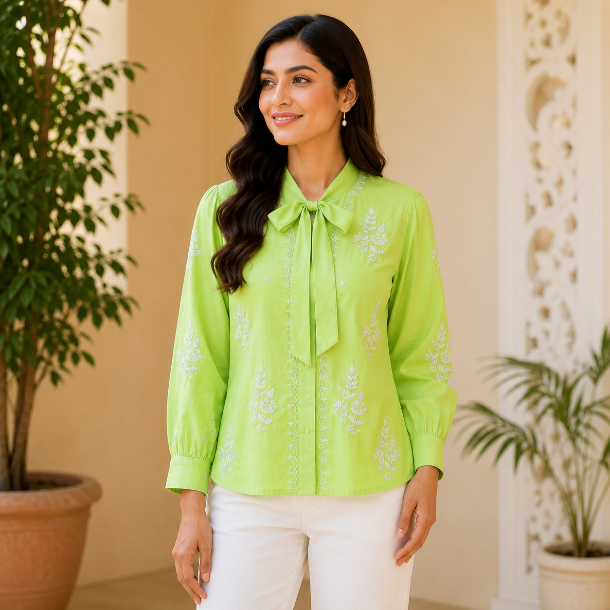 Premium Muslin Handcrafted Chikankari Embroidered Shirt – Lime Green