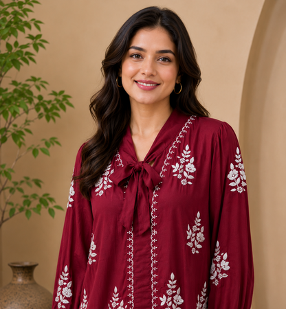 Handcrafted Chikankari Muslin Embroidered Shirt – Maroon