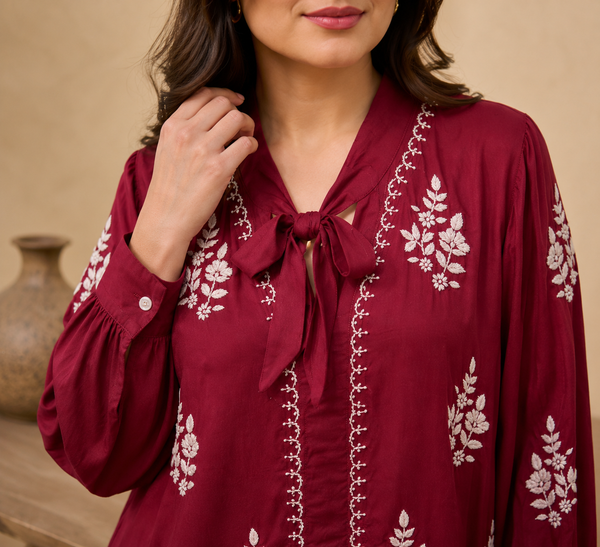 Handcrafted Chikankari Muslin Embroidered Shirt – Maroon