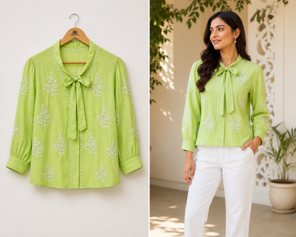 Premium Muslin Handcrafted Chikankari Embroidered Shirt – Lime Green
