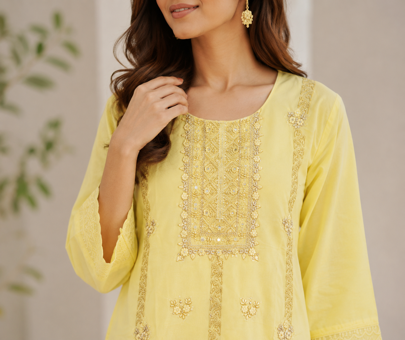 Lemon Yellow Embroidered Cotton Cord Set
