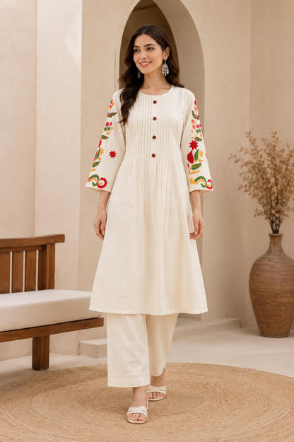 Linen Embroidered Cord Set – Ivory Cream