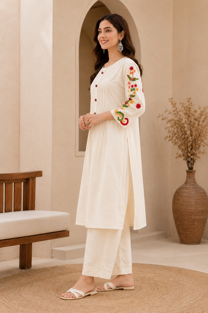 Linen Embroidered Cord Set – Ivory Cream