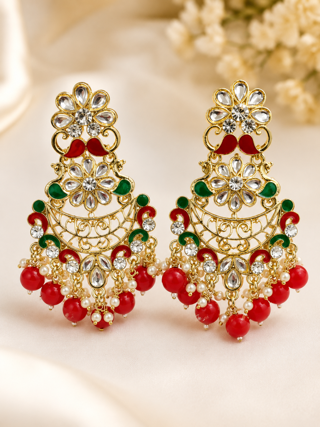 Traditional Kundan Chandbali Earrings with Red &amp; Green Enamel &amp; Pearl Drops