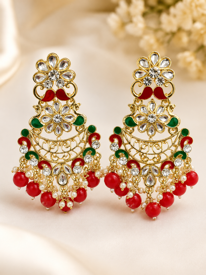 Traditional Kundan Chandbali Earrings with Red &amp; Green Enamel &amp; Pearl Drops